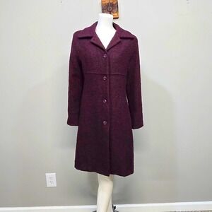 Vintage 90s Halston Wool Blend Bouclé Coat Women 6 Burgundy Long Winter Overcoat